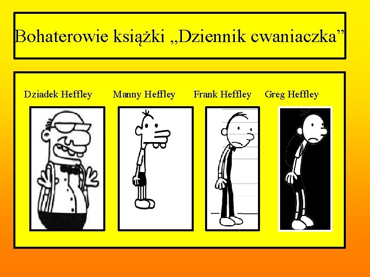 Bohaterowie książki „Dziennik cwaniaczka” Dziadek Heffley Manny Heffley Frank Heffley Greg Heffley 