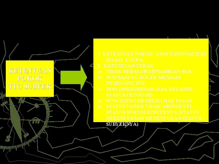 KETENTUAN POKOK TTG SUBYEK 1. KETENTUAN POKOK: ASAS NASIONALITAS (PASAL 9 UUPA) 2. KETENTUAN