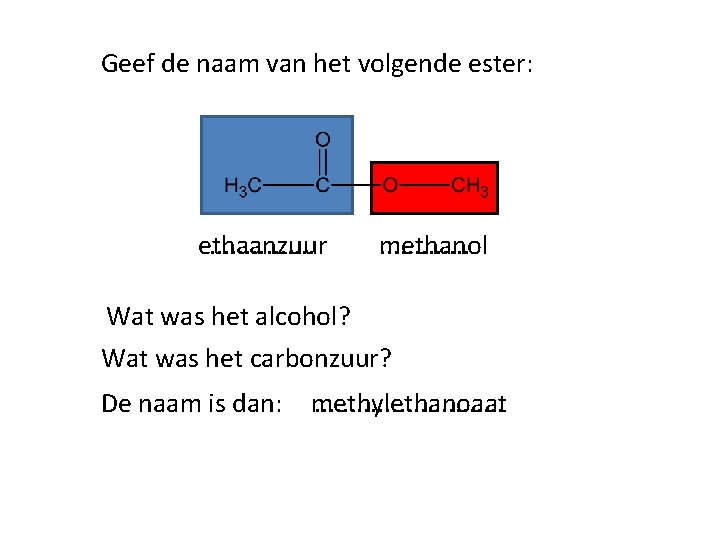 Geef de naam van het volgende ester: ethaanzuur. . . . methanol. . .