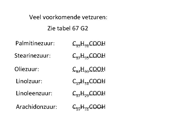 Veel voorkomende vetzuren: Zie tabel 67 G 2 Palmitinezuur: . . C 15 H