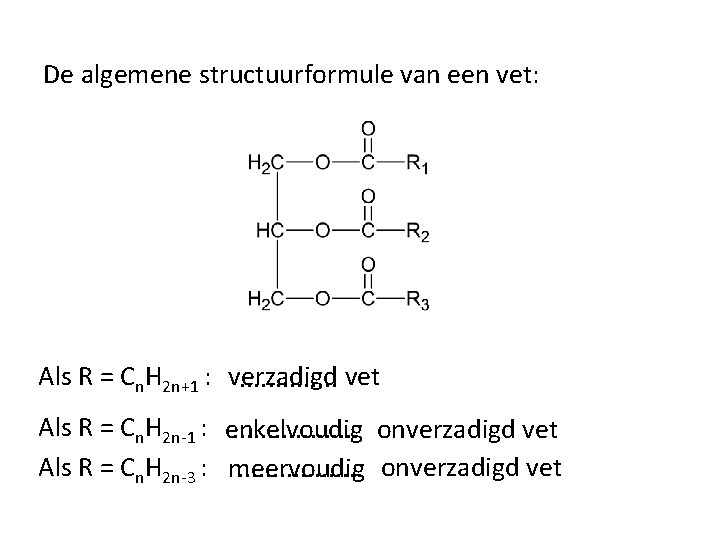 De algemene structuurformule van een vet: Als R = Cn. H 2 n+1 :
