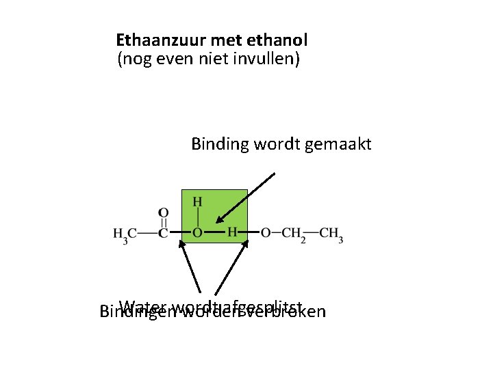 Ethaanzuur met ethanol (nog even niet invullen) Binding wordt gemaakt Water wordt afgesplitst Bindingen