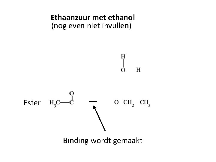 Ethaanzuur met ethanol (nog even niet invullen) Ester Binding wordt gemaakt 