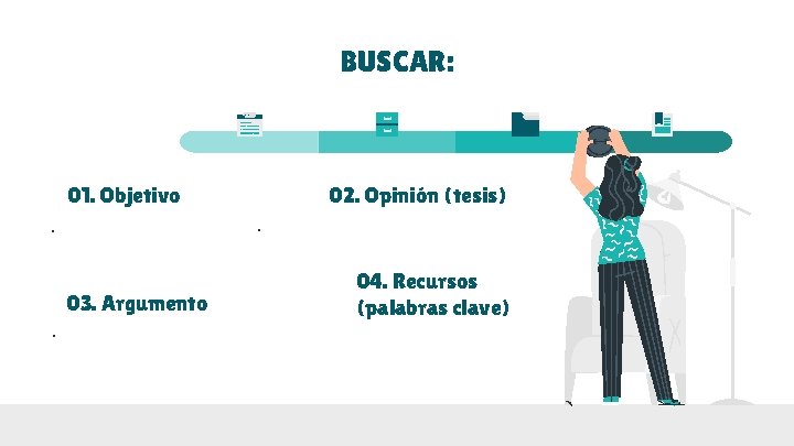 BUSCAR: 01. Objetivo - - 03. Argumento - 02. Opinión (tesis) 04. Recursos (palabras