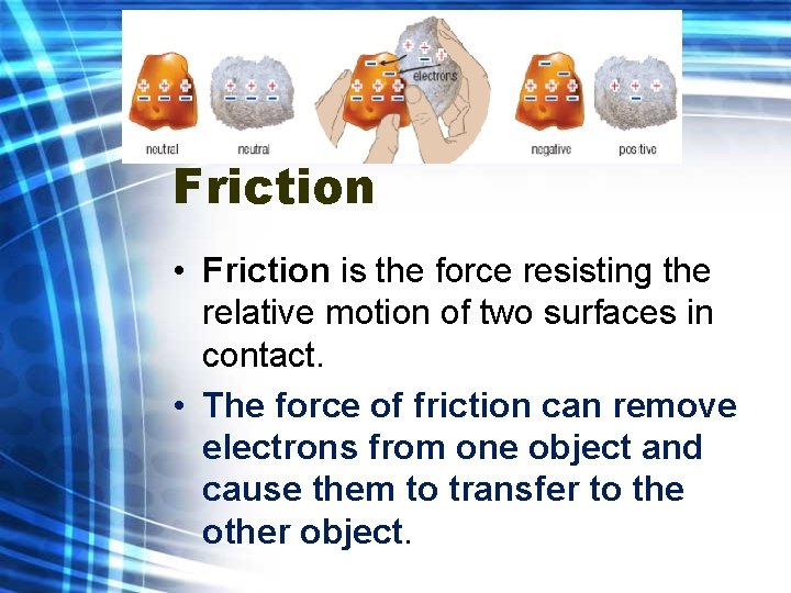 Friction • Friction is the force resisting the relative motion of two surfaces in