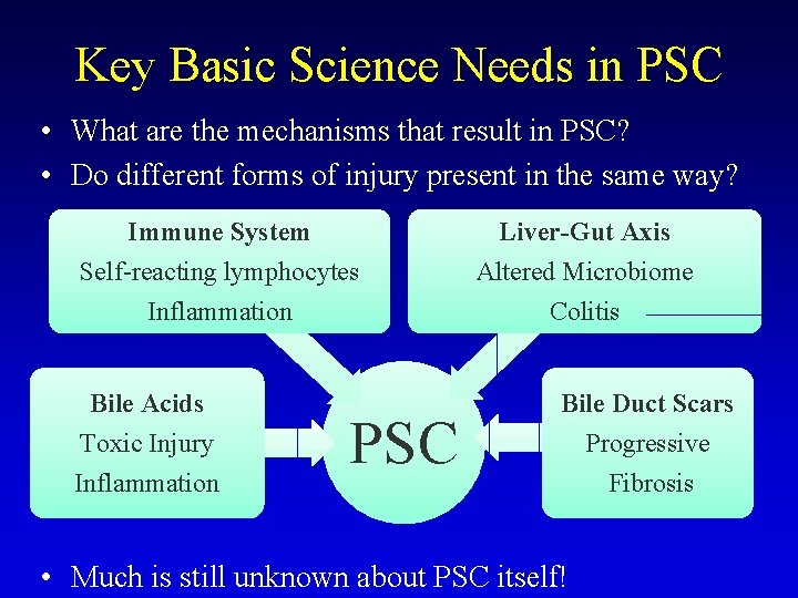 Key Basic Science Needs in PSC • What are the mechanisms that result in Key Basic Science Needs in PSC • What are the mechanisms that result in