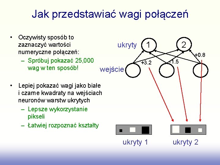 Jak przedstawiać wagi połączeń • Oczywisty sposób to zaznaczyć wartości numeryczne połączeń: – Spróbuj