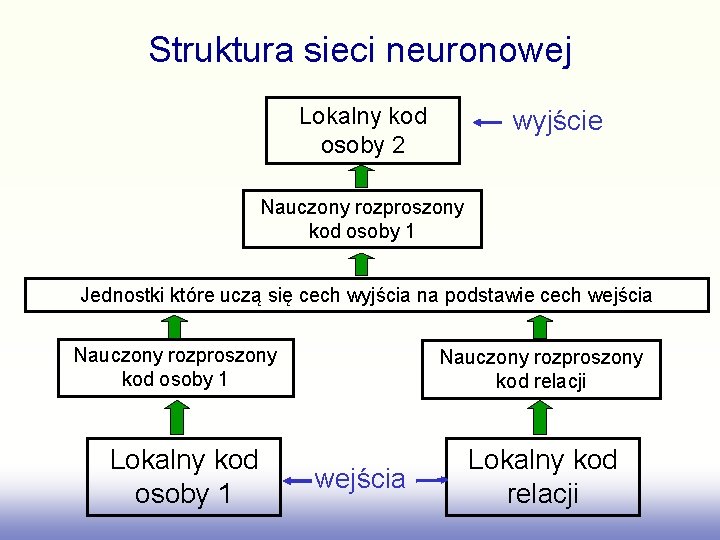 Struktura sieci neuronowej Lokalny kod osoby 2 wyjście Nauczony rozproszony kod osoby 1 Jednostki