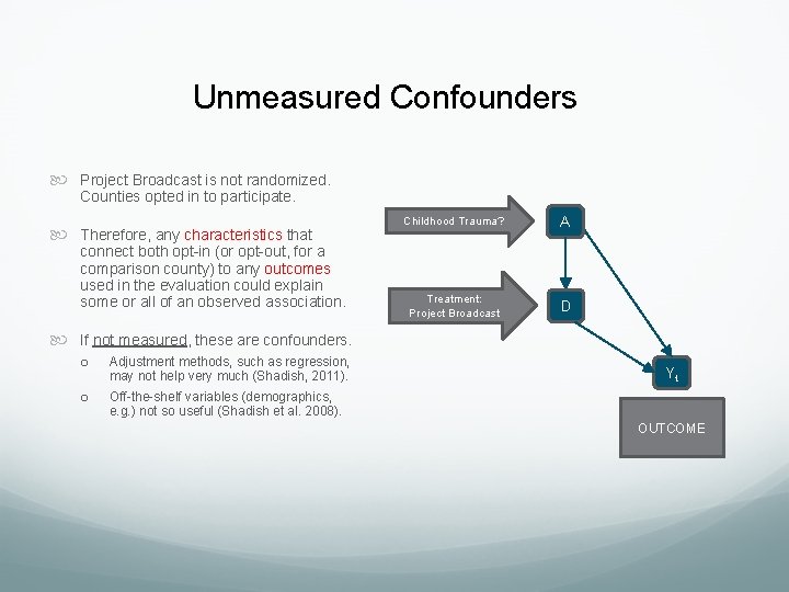 Unmeasured Confounders Project Broadcast is not randomized. Counties opted in to participate. Therefore, any Unmeasured Confounders Project Broadcast is not randomized. Counties opted in to participate. Therefore, any