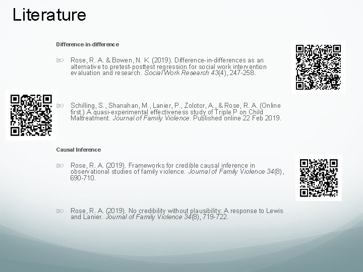 Literature Difference-in-difference Rose, R. A. & Bowen, N. K. (2019). Difference-in-differences as an alternative Literature Difference-in-difference Rose, R. A. & Bowen, N. K. (2019). Difference-in-differences as an alternative