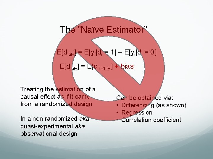 The ”Naïve Estimator” E[d. QE] = E[yi|di = 1] – E[yi|di = 0] E[d.
