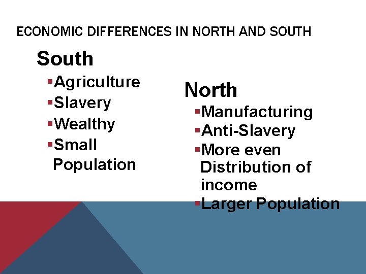 ECONOMIC DIFFERENCES IN NORTH AND SOUTH South §Agriculture §Slavery §Wealthy §Small Population North §Manufacturing