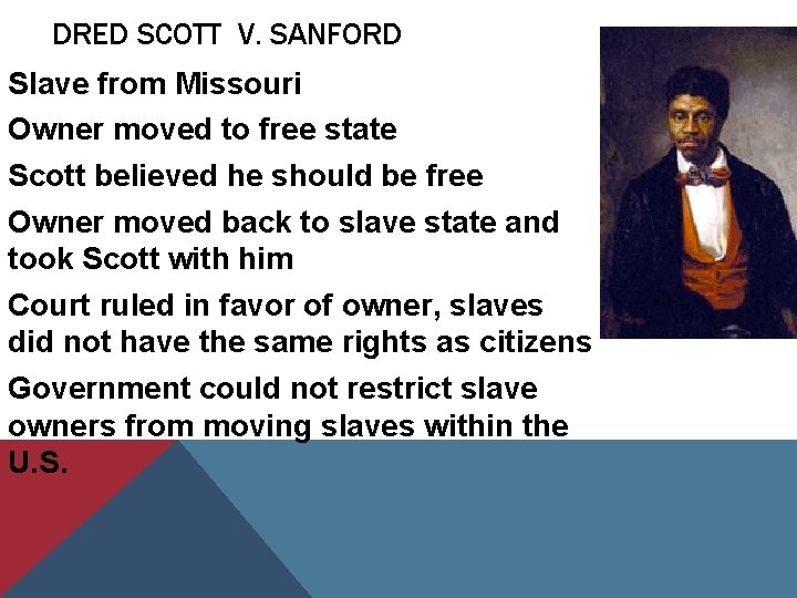 DRED SCOTT V. SANFORD Slave from Missouri Owner moved to free state Scott believed