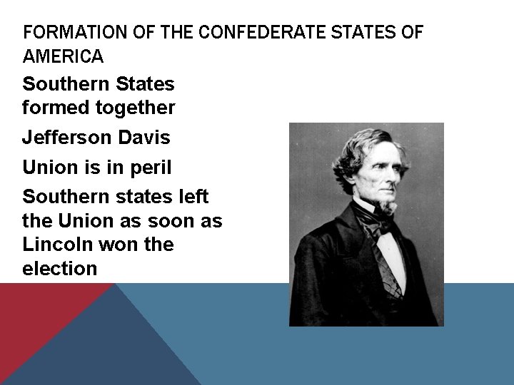 FORMATION OF THE CONFEDERATE STATES OF AMERICA Southern States formed together Jefferson Davis Union