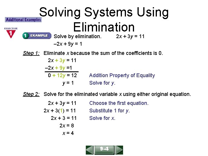 Solving Systems Using Elimination ALGEBRA 1 LESSON 9 -4 Solve by elimination. – 2