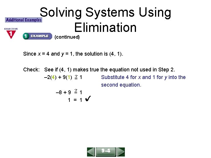 Solving Systems Using Elimination ALGEBRA 1 LESSON 9 -4 (continued) Since x = 4