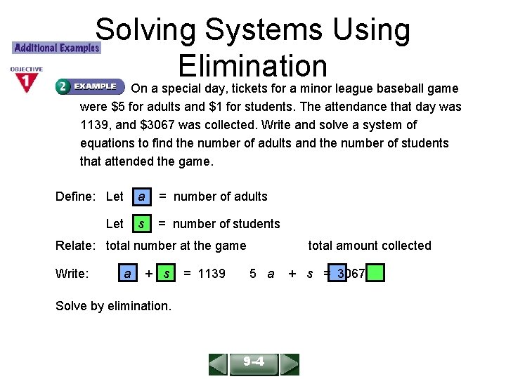 Solving Systems Using Elimination ALGEBRA 1 LESSON 9 -4 On a special day, tickets