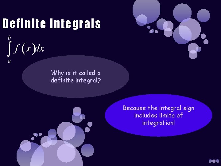 Definite Integrals Why is it called a definite integral? Because the integral sign includes