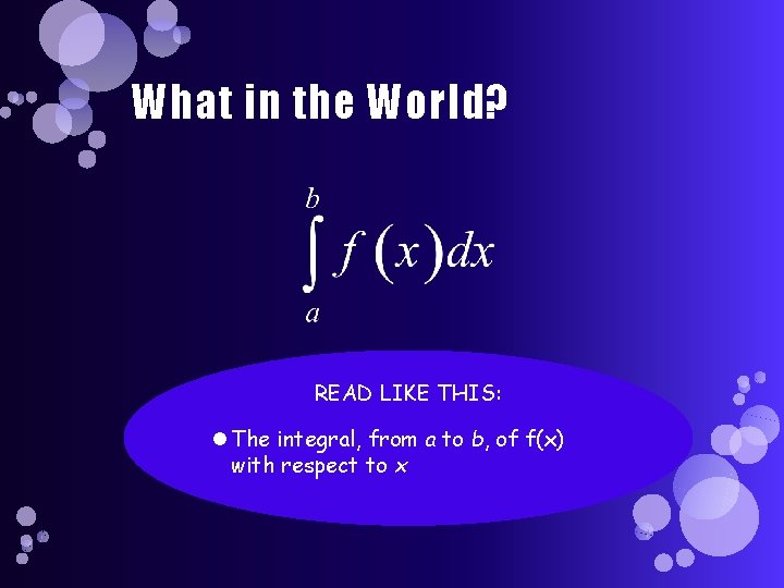 What in the World? READ LIKE THIS: The integral, from a to b, of