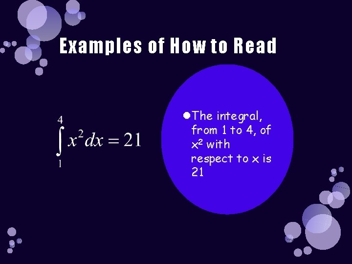 Examples of How to Read The integral, from 1 to 4, of x 2