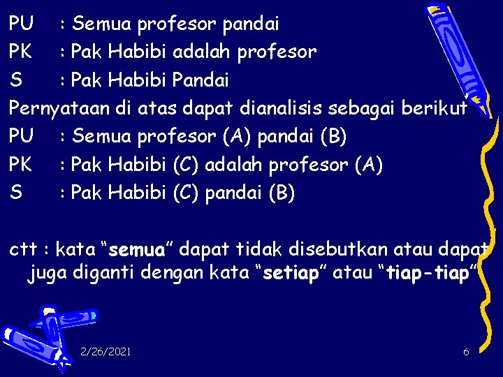 PU : Semua profesor pandai PK : Pak Habibi adalah profesor S : Pak