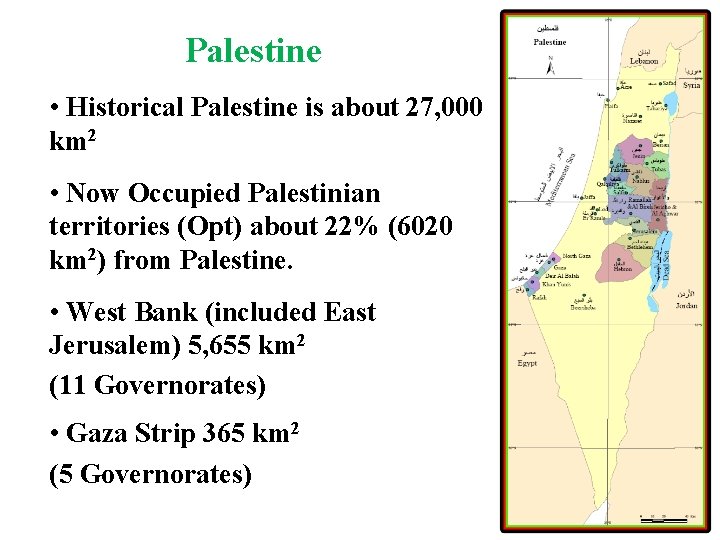 Palestine • Historical Palestine is about 27, 000 km 2 • Now Occupied Palestinian