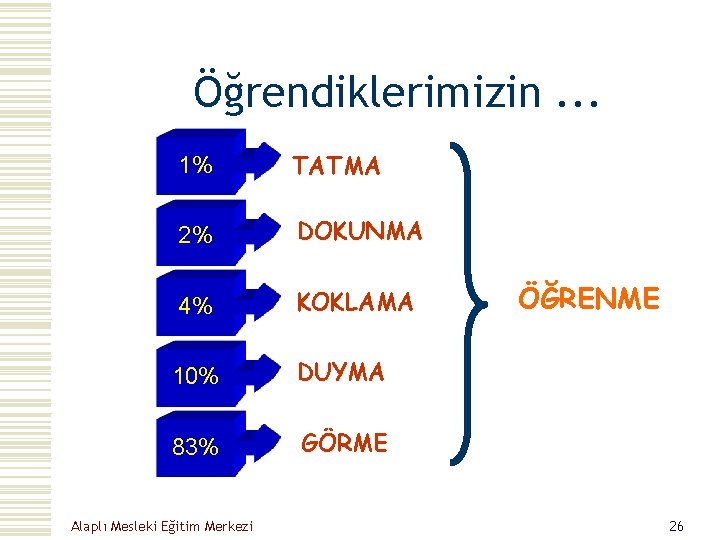 Öğrendiklerimizin. . . 1% TATMA 2% DOKUNMA 4% KOKLAMA 10% DUYMA 83% GÖRME Alaplı