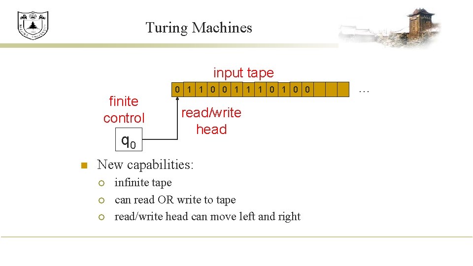 Turing Machines input tape finite control q 0 n 0 1 1 0 0
