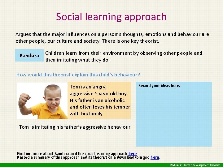 Social learning approach Argues that the major influences on a person’s thoughts, emotions and