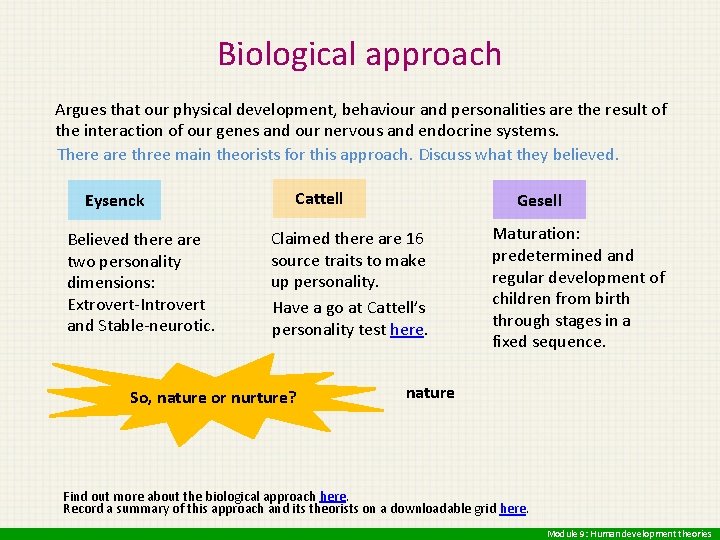 Biological approach Argues that our physical development, behaviour and personalities are the result of