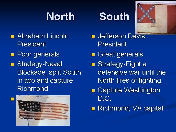 North n n Abraham Lincoln President Poor generals Strategy-Naval Blockade, split South in two