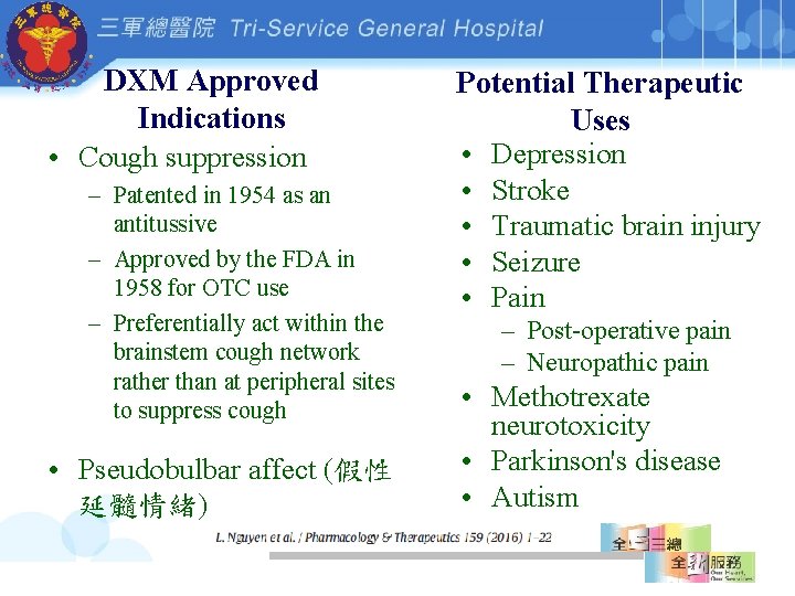 DXM Approved Indications • Cough suppression – Patented in 1954 as an antitussive –