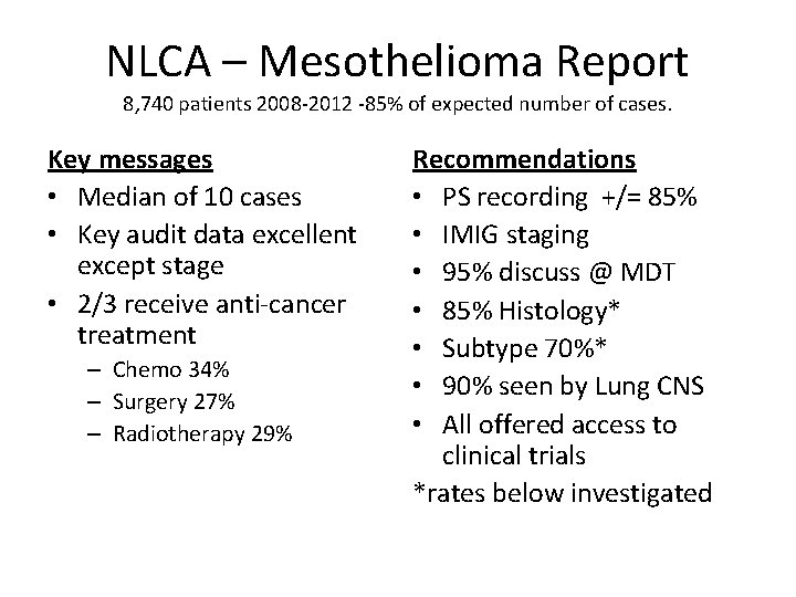 NLCA – Mesothelioma Report 8, 740 patients 2008 -2012 -85% of expected number of