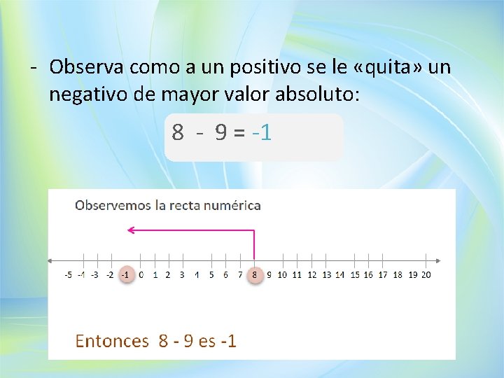 - Observa como a un positivo se le «quita» un negativo de mayor valor