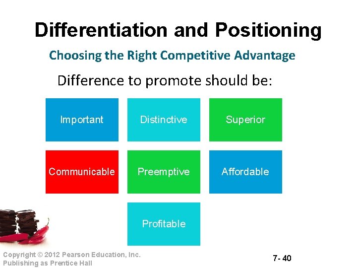 Differentiation and Positioning Choosing the Right Competitive Advantage Difference to promote should be: Important