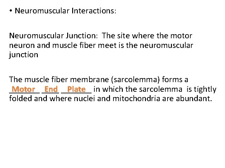  • Neuromuscular Interactions: Neuromuscular Junction: The site where the motor neuron and muscle