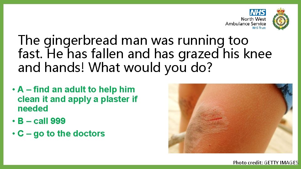 The gingerbread man was running too fast. He has fallen and has grazed his