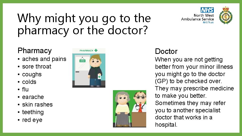 Why might you go to the pharmacy or the doctor? Pharmacy • • •