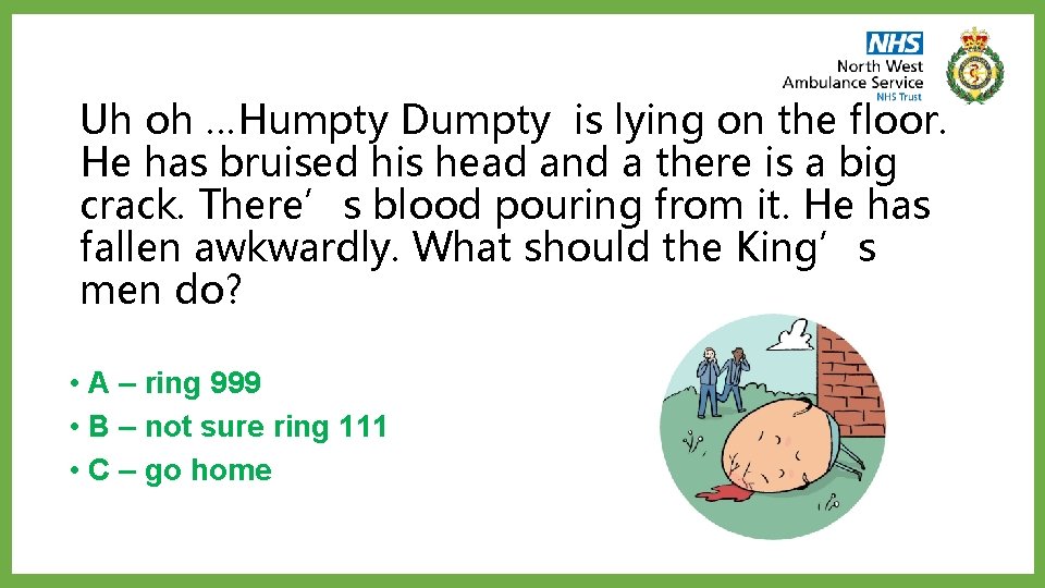Uh oh …Humpty Dumpty is lying on the floor. He has bruised his head