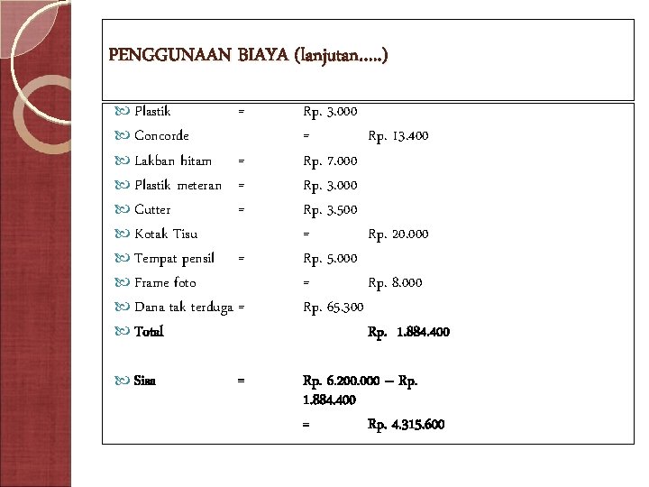 PENGGUNAAN BIAYA (lanjutan…. . ) Plastik Concorde Lakban hitam Plastik meteran Cutter Kotak Tisu
