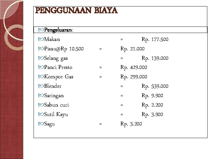 PENGGUNAAN BIAYA Pengeluaran: Makan Pisau@Rp 10. 500 Selang gas Panci Presto Kompor Gas Blender