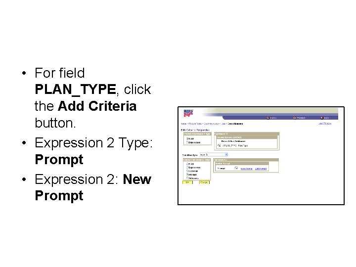  • For field PLAN_TYPE, click the Add Criteria button. • Expression 2 Type: