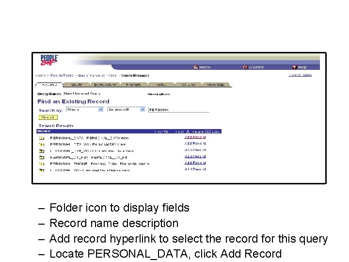 – – Folder icon to display fields Record name description Add record hyperlink to