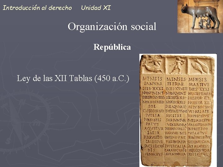 Introducción al derecho Unidad XI Organización social República Ley de las XII Tablas (450