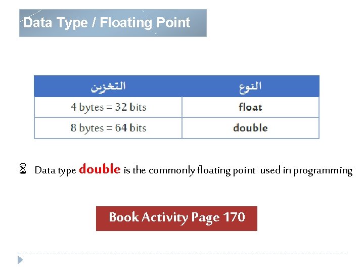 Data Type / Floating Point 6 Data type double is the commonly floating point