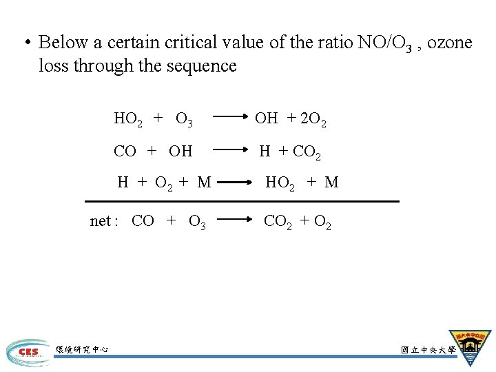  • Below a certain critical value of the ratio NO/O 3 , ozone