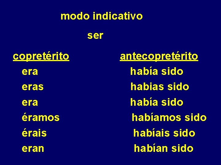 modo indicativo ser copretérito eras era éramos érais eran antecopretérito había sido habias sido