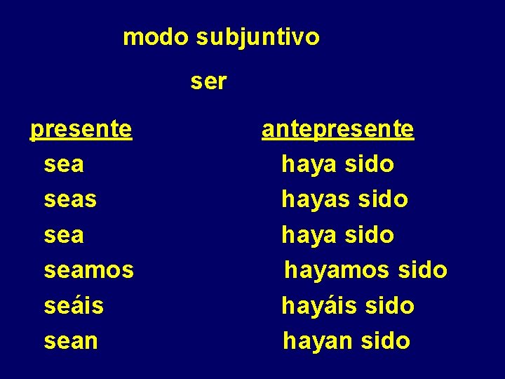 modo subjuntivo ser presente seas seamos seáis sean antepresente haya sido hayas sido hayamos