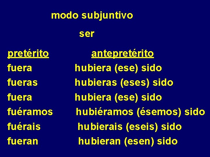 modo subjuntivo ser pretérito fueras fuera fuéramos fuérais fueran antepretérito hubiera (ese) sido hubieras