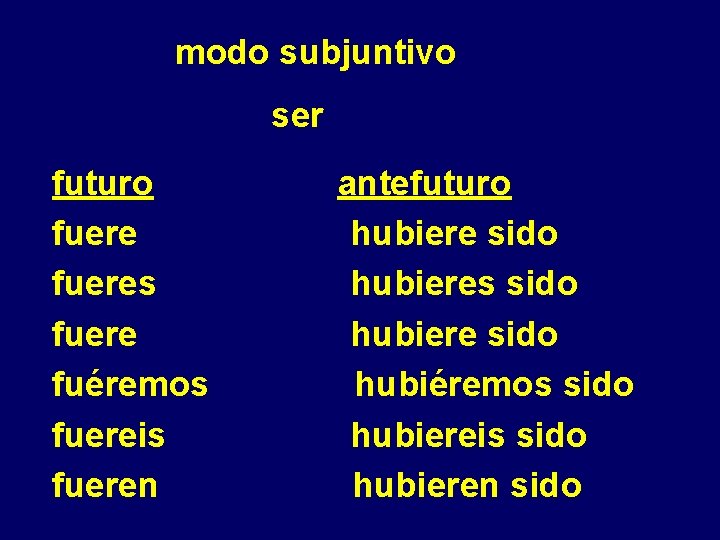 modo subjuntivo ser futuro fueres fuere fuéremos fuereis fueren antefuturo hubiere sido hubieres sido